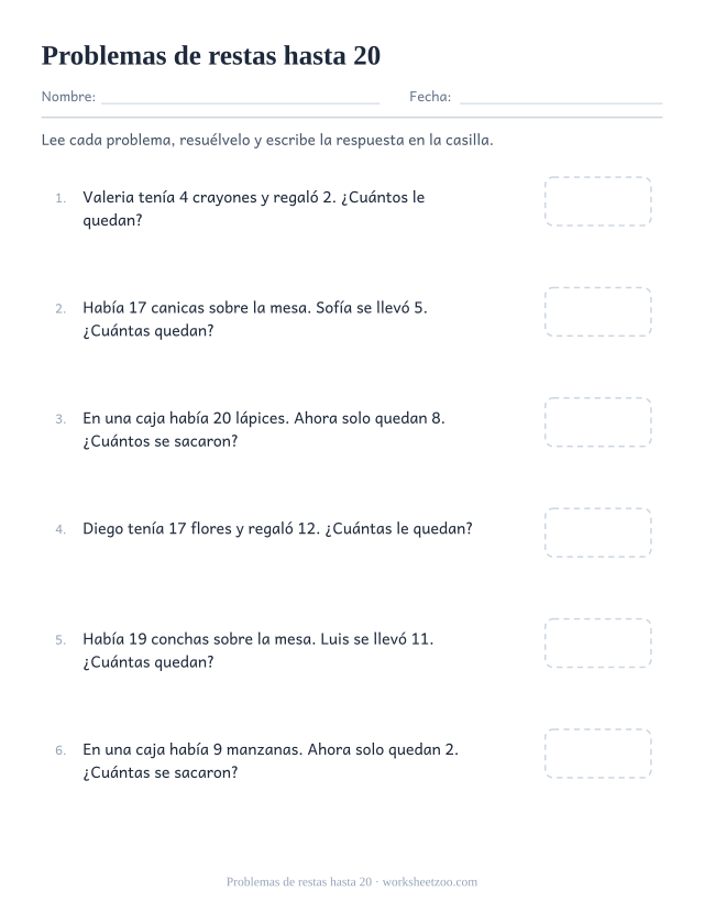 Ficha de problemas de restas hasta 20 con situaciones cotidianas y casilla de respuesta