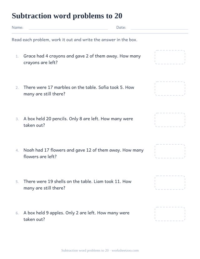 Subtraction word problems worksheet within 20, everyday situations with a written answer box