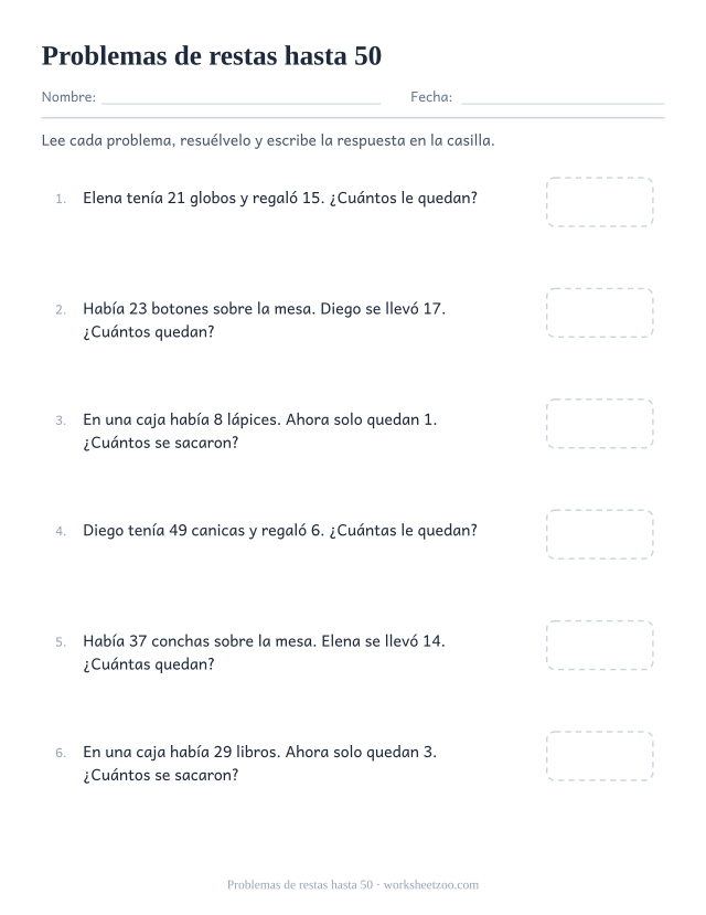 Ficha de problemas de restas con números de dos cifras hasta 50