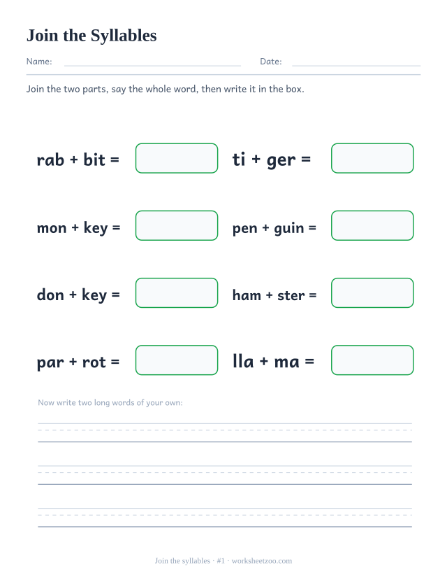 Syllable joining worksheet number 1, pushing pairs of syllables together to build rabbit, tiger, monkey and more