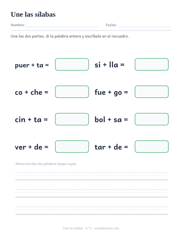 Ficha número 2 para unir sílabas y formar puerta, silla, coche y otras palabras