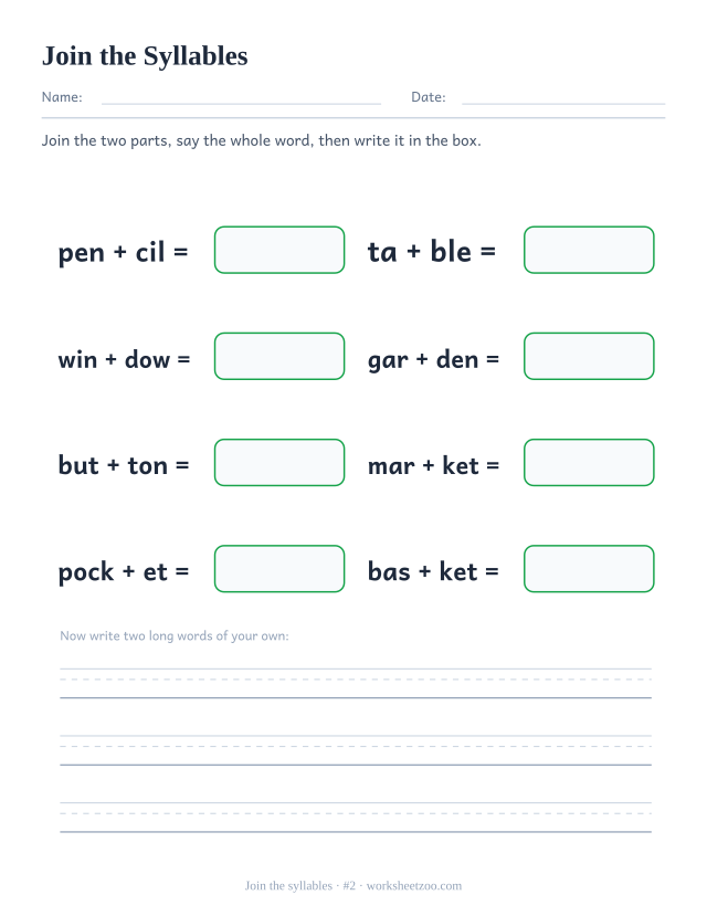 Syllable joining worksheet number 2, pushing pairs of syllables together to build pencil, table, window and more