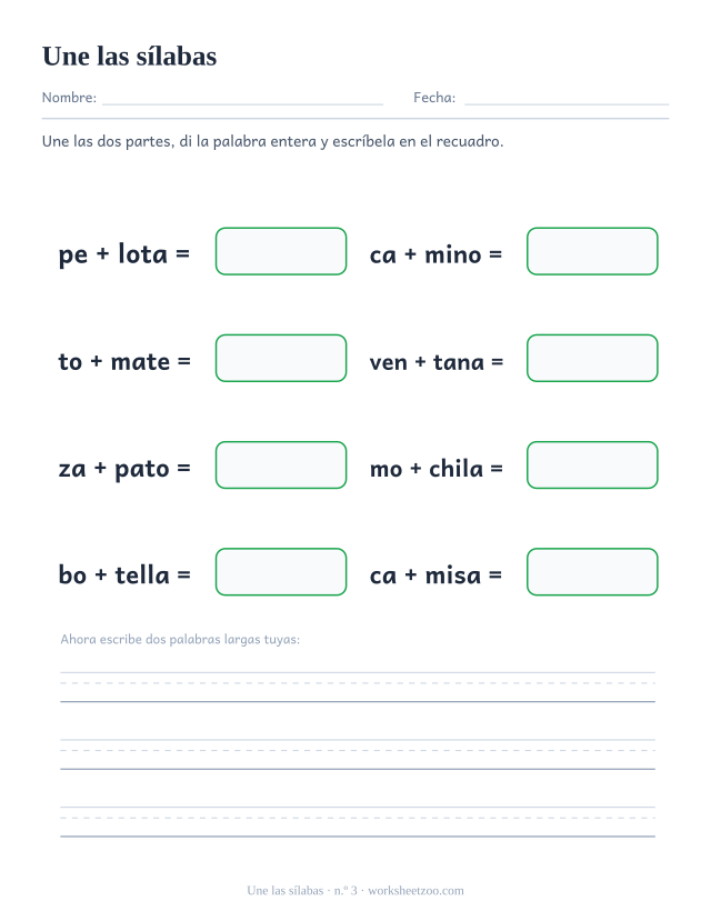 Ficha número 3 para unir sílabas y formar pelota, camino, tomate y otras palabras
