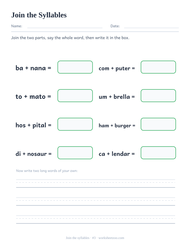 Syllable joining worksheet number 3, pushing pairs of syllables together to build banana, computer, tomato and more
