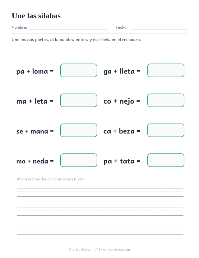 Ficha número 4 para unir sílabas y formar paloma, galleta, maleta y otras palabras