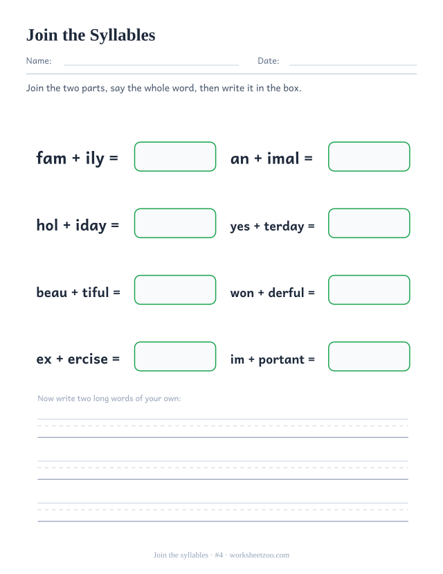 Syllable joining worksheet number 4, pushing pairs of syllables together to build family, animal, holiday and more