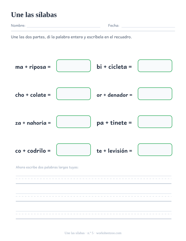 Ficha número 5 para unir sílabas y formar mariposa, bicicleta, chocolate y otras palabras