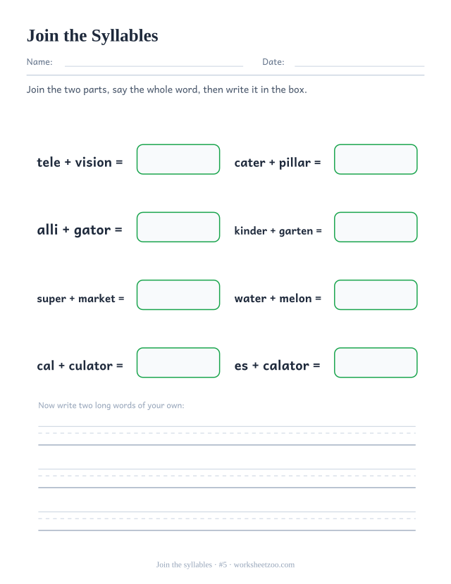 Syllable joining worksheet number 5, pushing pairs of syllables together to build television, caterpillar, alligator and more
