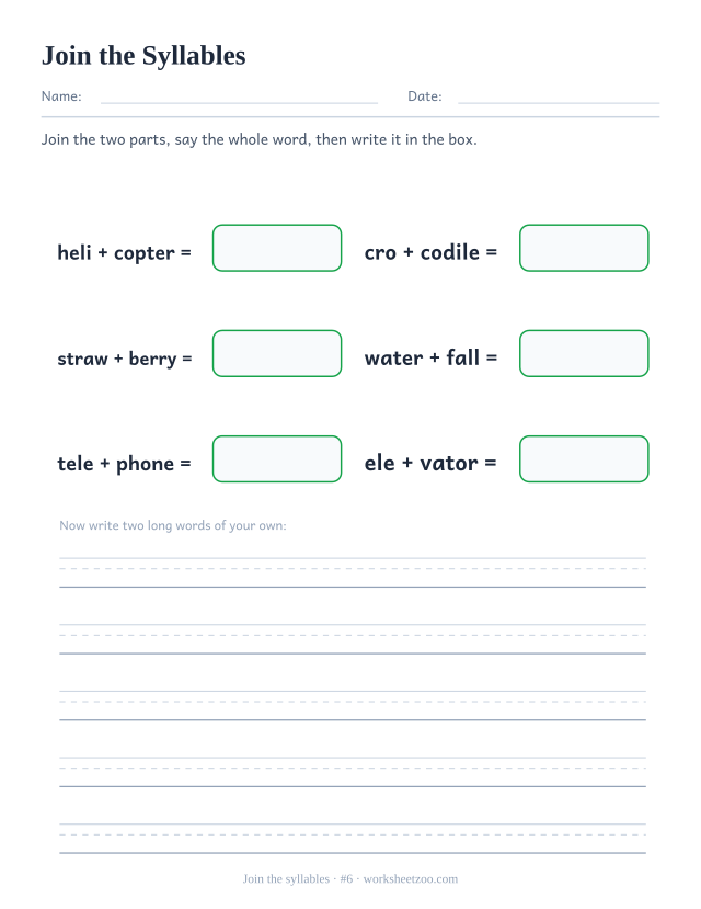 Syllable joining worksheet number 6, pushing pairs of syllables together to build helicopter, crocodile, strawberry and more