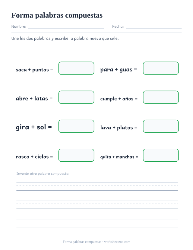 Ficha para formar palabras compuestas uniendo saca y puntas, para y guas, gira y sol