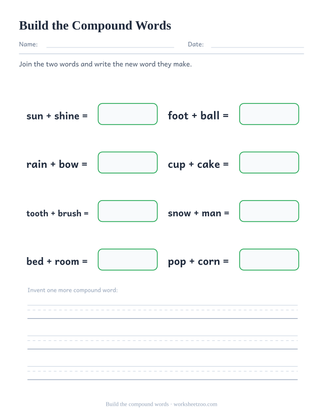 Compound word building worksheet joining sun and shine, foot and ball, rain and bow into single words