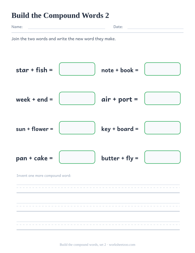 Second compound building worksheet joining star and fish, note and book, week and end into one word each