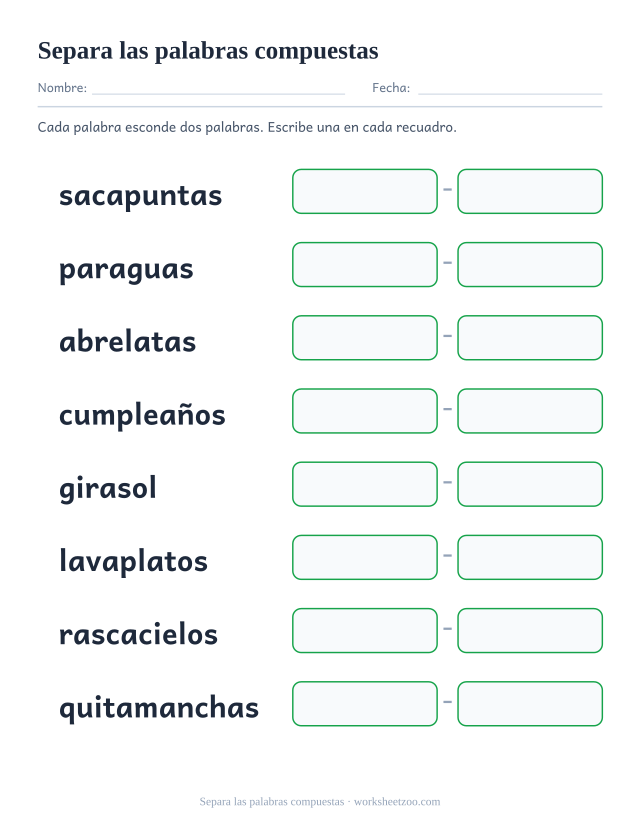 Ficha para separar palabras compuestas como sacapuntas, paraguas y girasol en las dos palabras que las forman