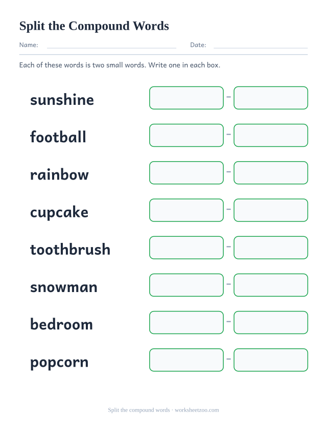 Compound word worksheet splitting sunshine, football, rainbow and five more into the two words that made them