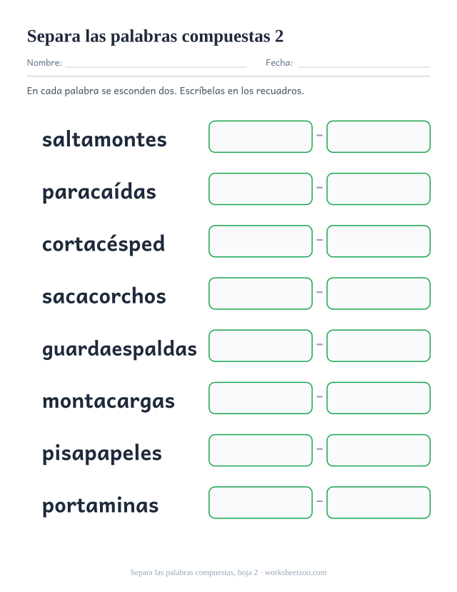 Segunda ficha para separar palabras compuestas largas como saltamontes, paracaídas y cortacésped