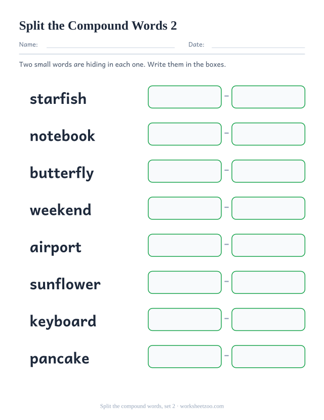 Second compound word worksheet splitting starfish, notebook, butterfly and five more into their two parts