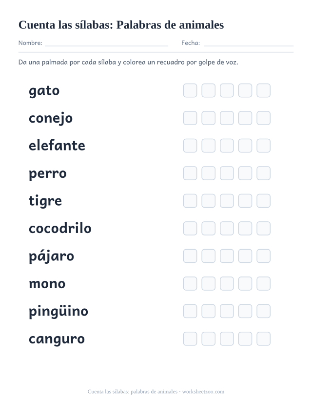Ficha para contar sílabas con diez palabras como gato, conejo, elefante y cinco recuadros por palabra