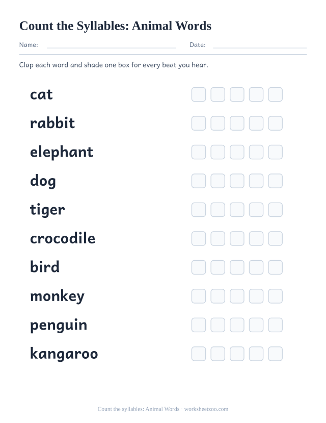Syllable counting worksheet with ten animals words including cat, rabbit, elephant and five boxes each to shade
