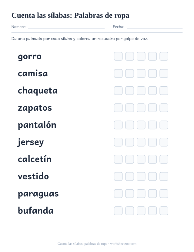 Ficha para contar sílabas con diez palabras como gorro, camisa, chaqueta y cinco recuadros por palabra