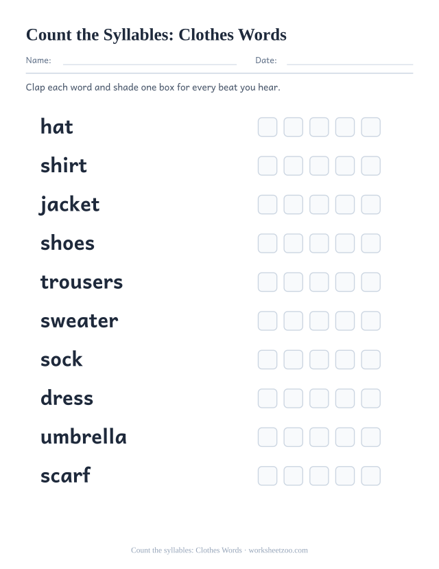 Syllable counting worksheet with ten clothes words including hat, shirt, jacket and five boxes each to shade
