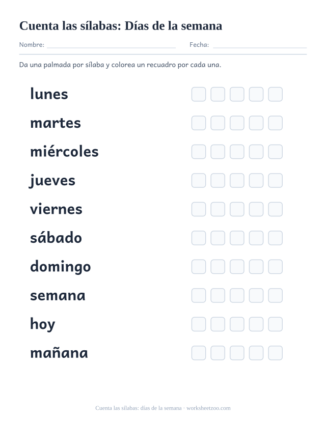 Ficha para contar las sílabas de Días de la semana como lunes, martes, miércoles y siete más