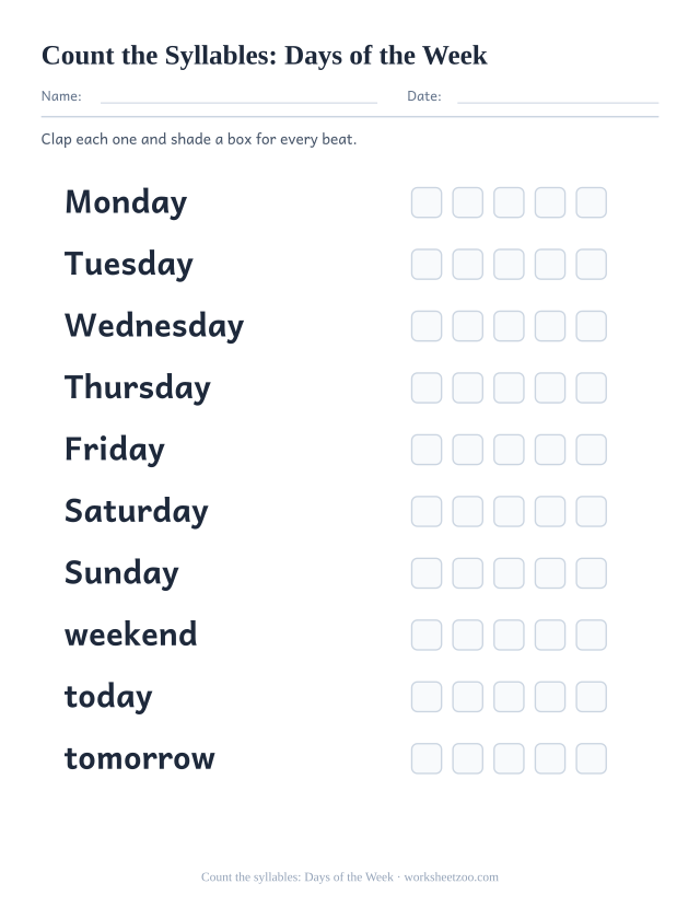 Syllable counting worksheet for Days of the Week with Monday, Tuesday, Wednesday and seven more, five boxes each