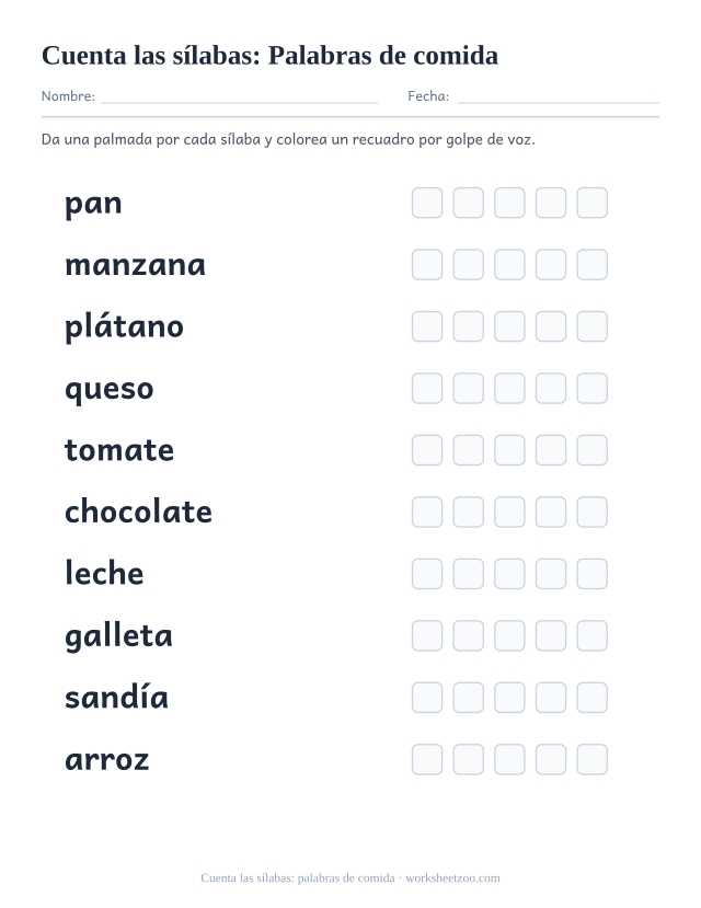 Ficha para contar sílabas con diez palabras como pan, manzana, plátano y cinco recuadros por palabra