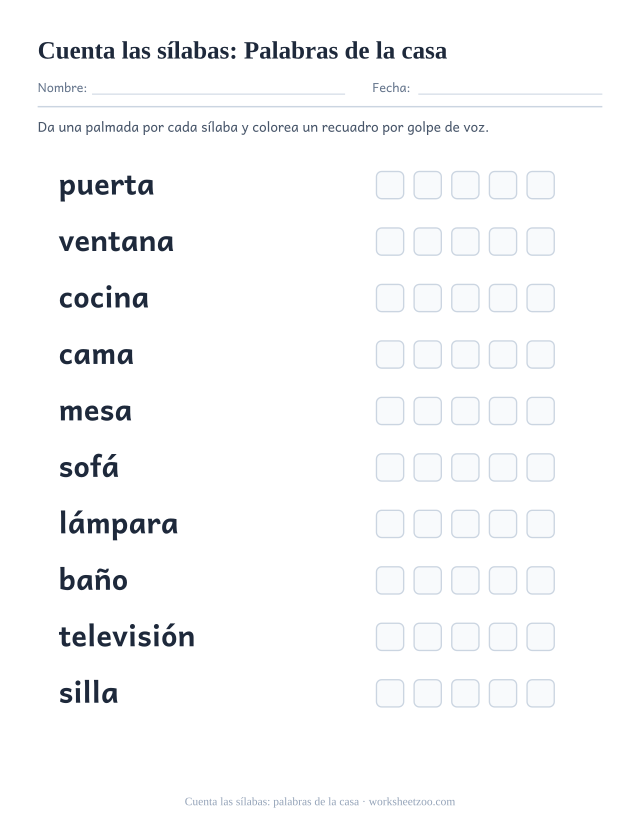 Ficha para contar sílabas con diez palabras como puerta, ventana, cocina y cinco recuadros por palabra