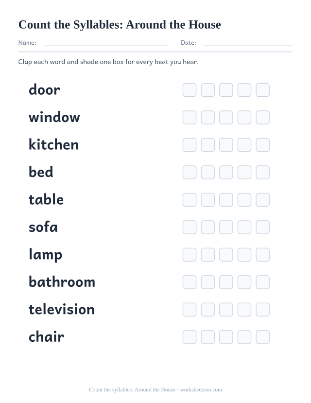 Syllable counting worksheet with ten home words including door, window, kitchen and five boxes each to shade