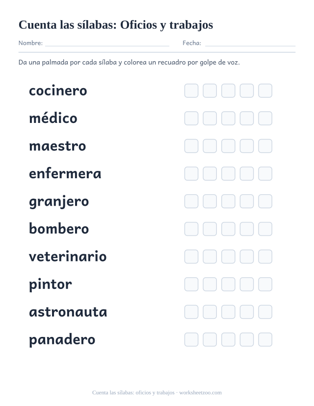 Ficha para contar sílabas con diez palabras como cocinero, médico, maestro y cinco recuadros por palabra