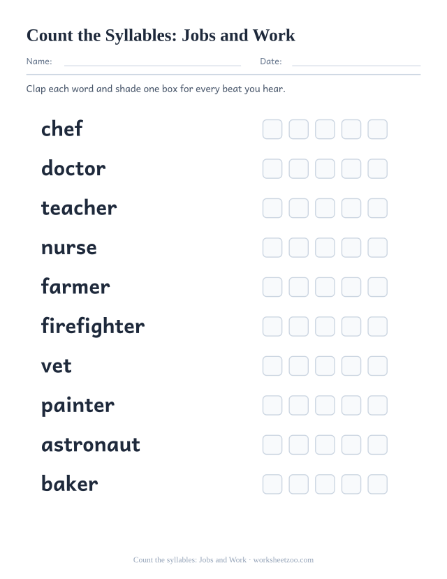Syllable counting worksheet with ten jobs words including chef, doctor, teacher and five boxes each to shade