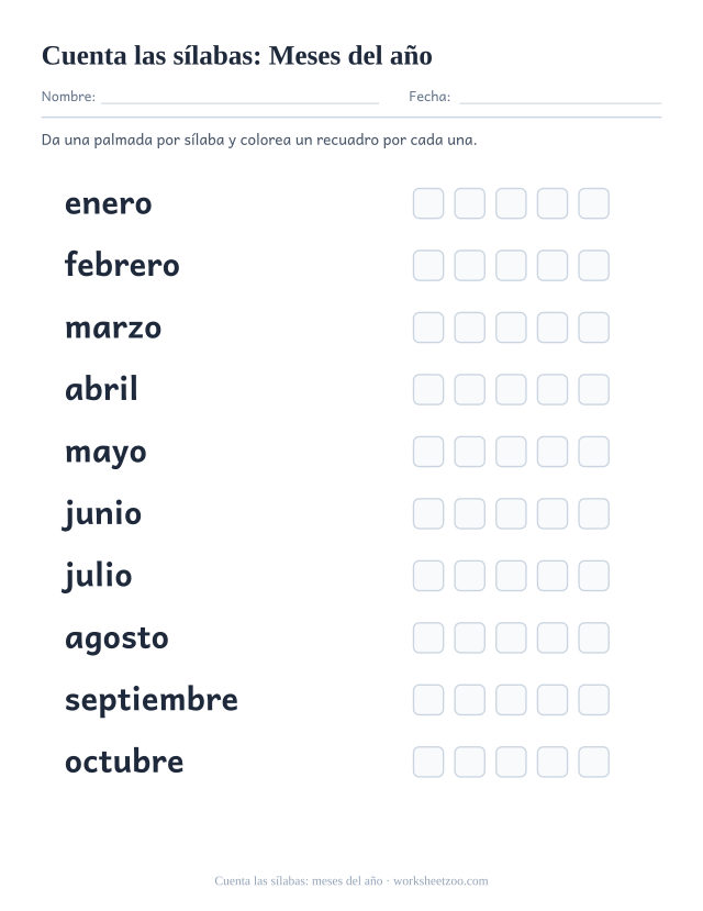 Ficha para contar las sílabas de Meses del año como enero, febrero, marzo y siete más