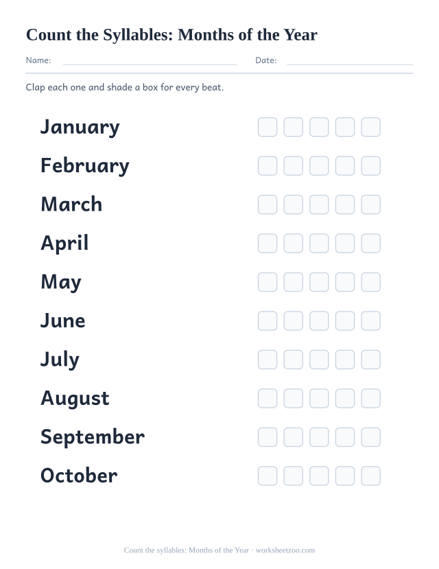 Syllable counting worksheet for Months of the Year with January, February, March and seven more, five boxes each