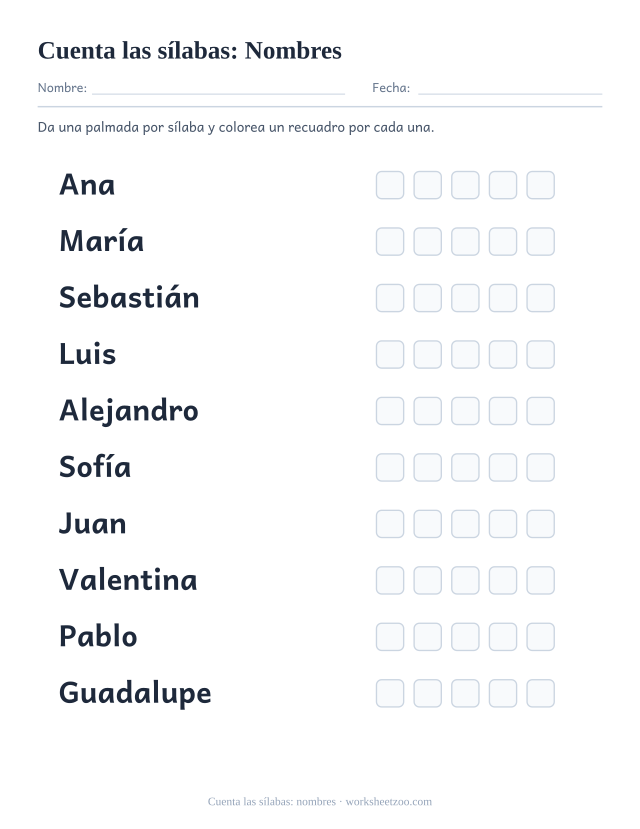 Ficha para contar las sílabas de Nombres como Ana, María, Sebastián y siete más
