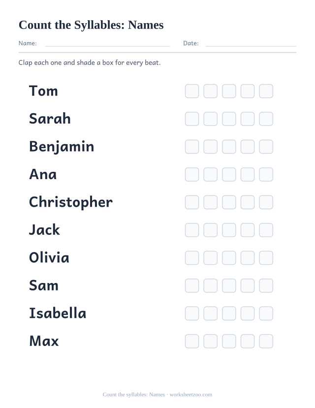 Syllable counting worksheet for Names with Tom, Sarah, Benjamin and seven more, five boxes each