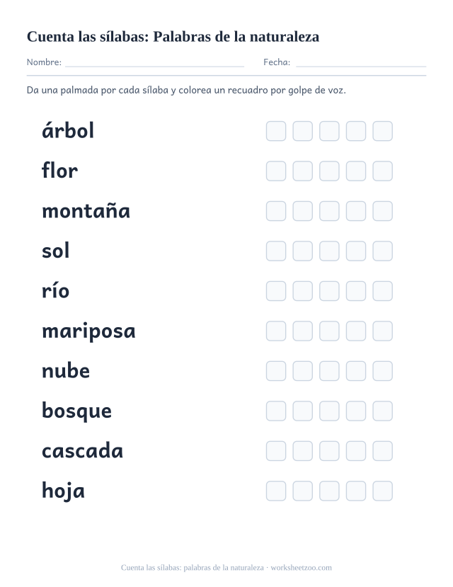 Ficha para contar sílabas con diez palabras como árbol, flor, montaña y cinco recuadros por palabra
