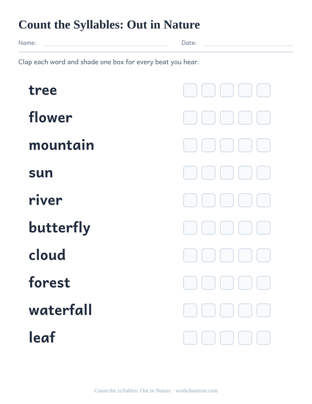 Syllable counting worksheet with ten nature words including tree, flower, mountain and five boxes each to shade