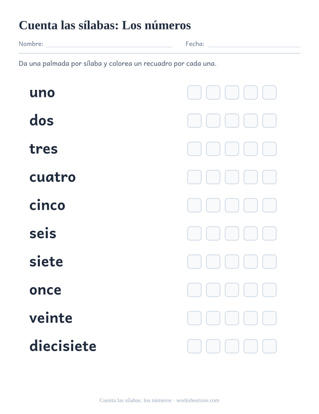 Ficha para contar las sílabas de Los números como uno, dos, tres y siete más