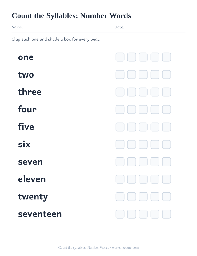 Syllable counting worksheet for Number Words with one, two, three and seven more, five boxes each