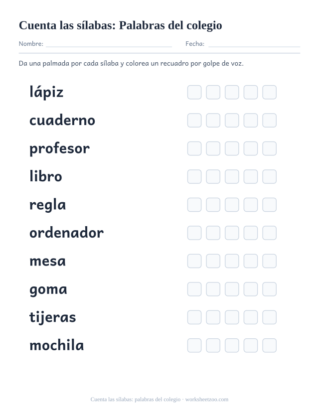 Ficha para contar sílabas con diez palabras como lápiz, cuaderno, profesor y cinco recuadros por palabra