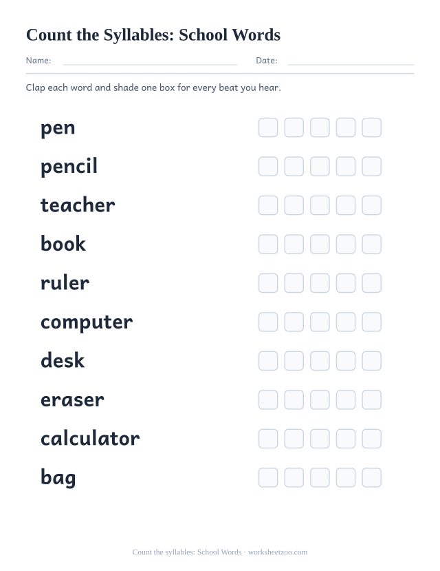Syllable counting worksheet with ten school words including pen, pencil, teacher and five boxes each to shade