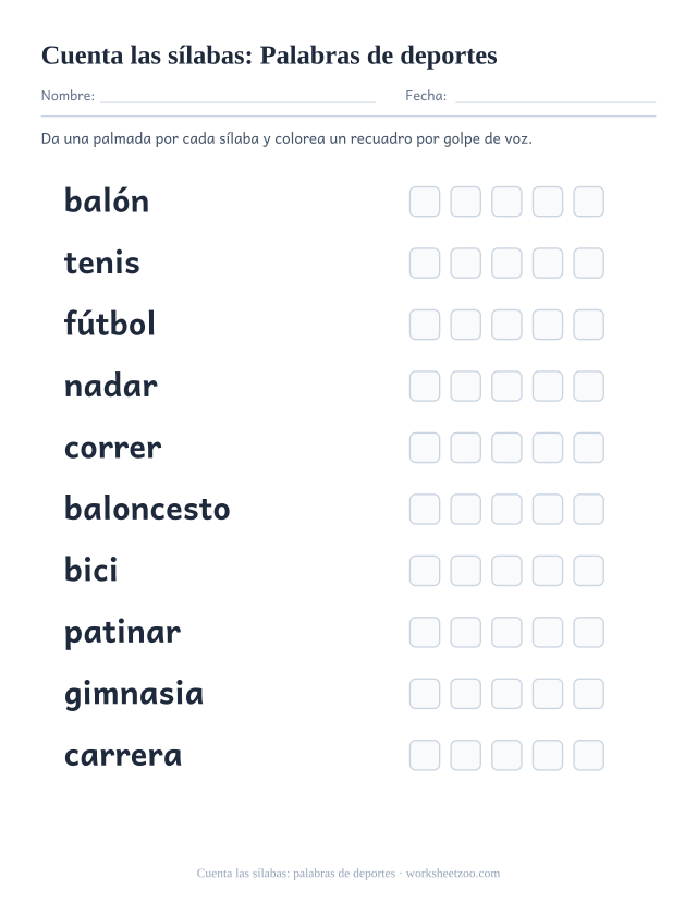 Ficha para contar sílabas con diez palabras como balón, tenis, fútbol y cinco recuadros por palabra