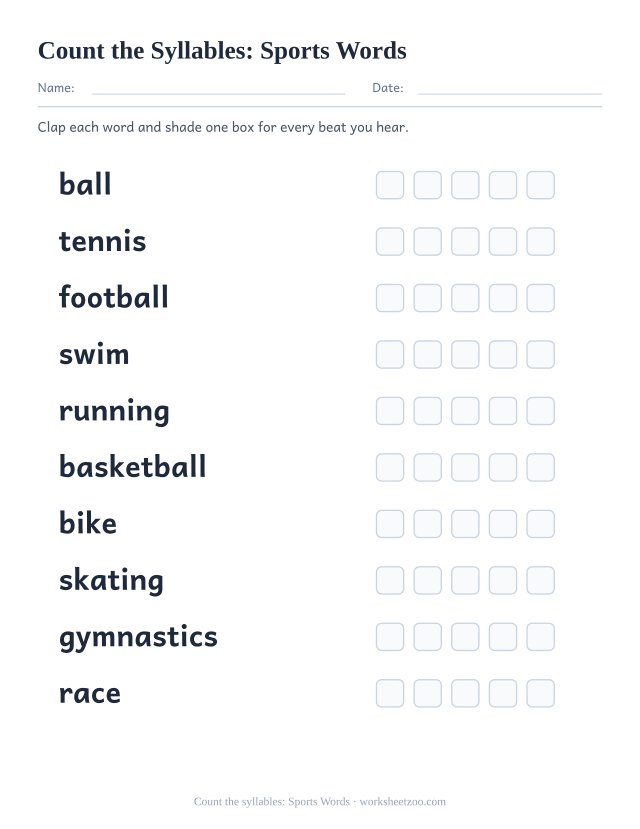 Syllable counting worksheet with ten sports words including ball, tennis, football and five boxes each to shade