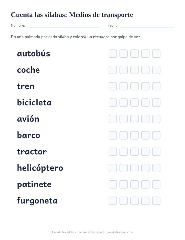 Ficha para contar sílabas con diez palabras como autobús, coche, tren y cinco recuadros por palabra