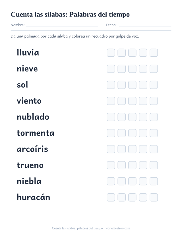 Ficha para contar sílabas con diez palabras como lluvia, nieve, sol y cinco recuadros por palabra