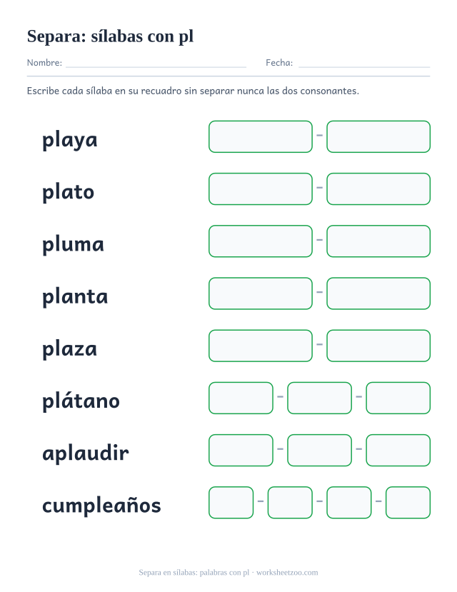 Ficha para separar en sílabas palabras con la trabada pl como playa y pluma