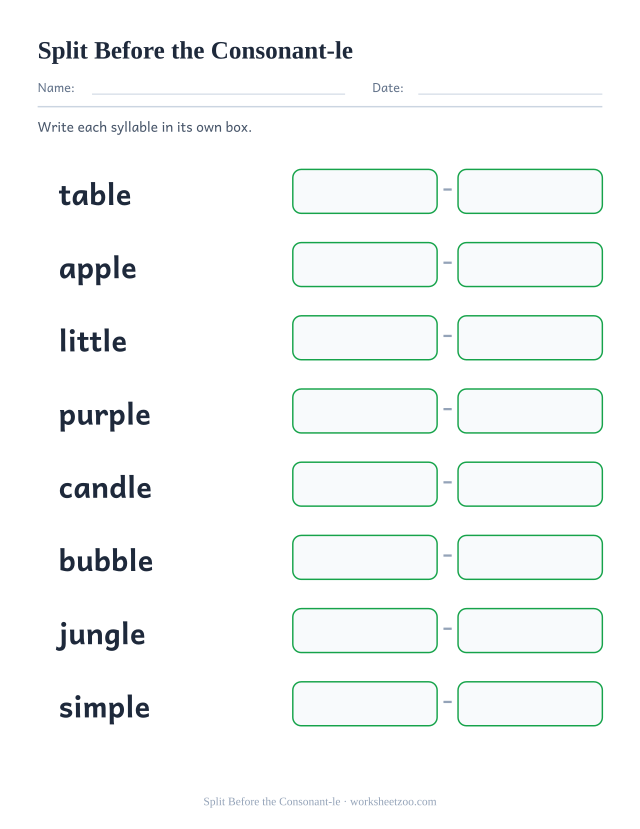 Syllable division worksheet, splitting table, apple and six more words into boxes