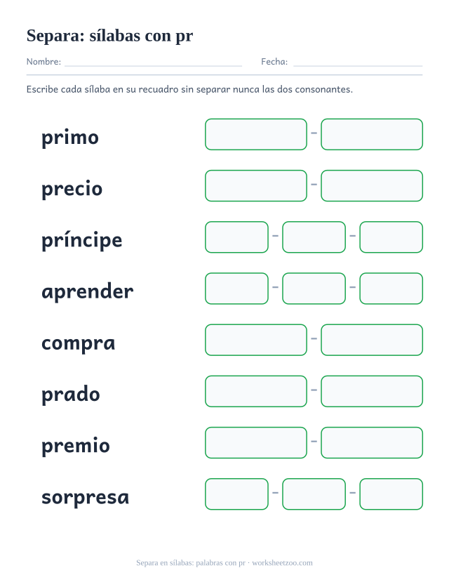 Ficha para separar en sílabas palabras con la trabada pr como primo y príncipe