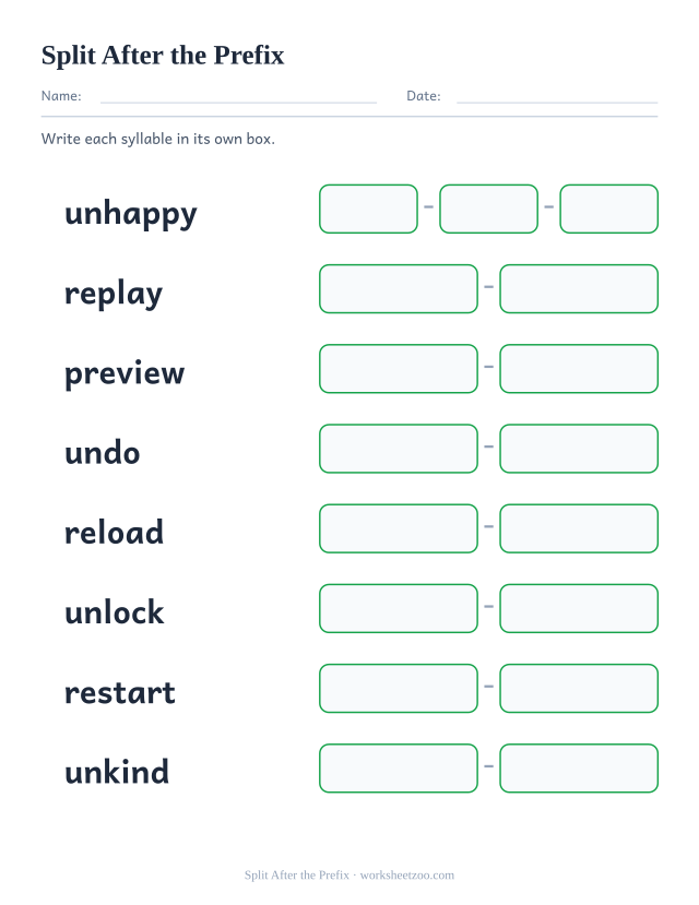 Syllable division worksheet, splitting unhappy, replay and six more words into boxes