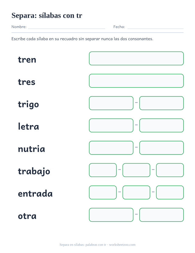 Ficha para separar en sílabas palabras con la trabada tr como tren y trigo